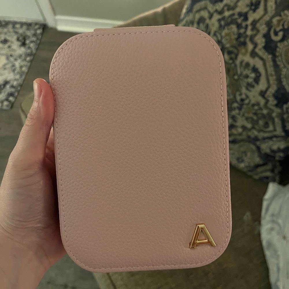 Pink Pebbled Leather Jewelry Box with Gold Initial A